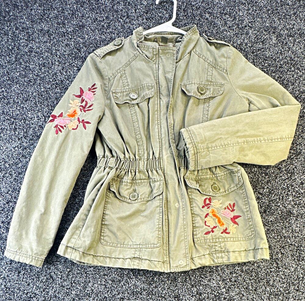 Jou Jou Women’s Large 14/16 Utility Jacket Floral Embroidered Military Gray Y2K